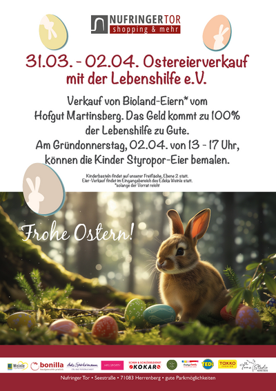 Werbeplakat für den Ostereierverkauf im Nufringer Tor vom 31.3.-02.04.26